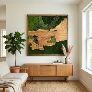 Handmade Wooden Moss Landscape Art <b>Square</b> Rustic Wall Decor Dark Brown <b>Frame</b> Green Foliage Design Home Decoration - Product Image 6