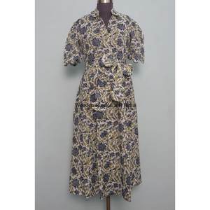 Vestido midi elegante para mujer, estampado a mano, 100% algodón indio, cómodo, de manga corta, con decoración de botones, ecológico - Product Image 1