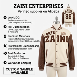 ZAINI Heavy 420 GSM <b>Wool</b>/Polyester Stand Windproof Varsity Jacket Body <b>Brown</b> Sleeve Chenille Embroidery Custom Logo Front/Back - Product Image 1