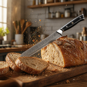 Cuchillo para Pan Ambidestro, Hecho a Mano, Ecológico, Apto para Lavavajillas, en Acero de Damasco, con Mango de Madera y Funda de Cuero - Product Image 6