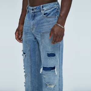 Pantalones vaqueros holgados de mezclilla para hombre, pantalones cargo para hombre, conjunto de chaqueta y pantalón vaquero azul rasgado - Product Image 5