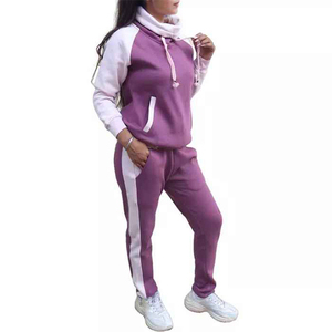 Women's Purple <b>White</b> Color Blocked Sporty <b>2</b> <b>Piece</b> Knitted Tracksuit Full Sleeve Hooded Regular Fit All Seasons - Product Image 1