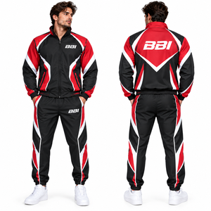 Ensemble de survêtement homme OEM contrastant, coupé-cousu, respirant en polyester, pour la gym et le fitness, avec veste coupe-vent zippée et pantalon de survêtement - Product Image 2