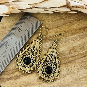 Statement Design Trendy Teardrop Dangle <b>Earrings</b> Boho Brass Jewelry Women Antique Brass Finish Tribal <b>Black</b> <b>Onyx</b> Wholesale/OEM - Product Image 3