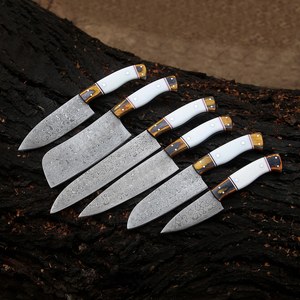 Damascus Steel Carbon Steel 6-Piece Japanese Chef <b>Set</b> High-Polish Finish Ambidextrous Design Wood Handles Handmade Razor <b>Sharp</b> - Product Image 1