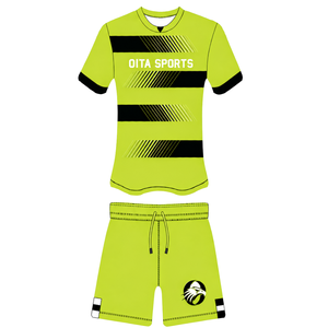 Ensemble short et maillot de rugby jaune néon et noir, manches courtes, col rond, uniforme d'équipe rayé, personnalisable, respirant, pour l'entraînement et la performance - Product Image 1