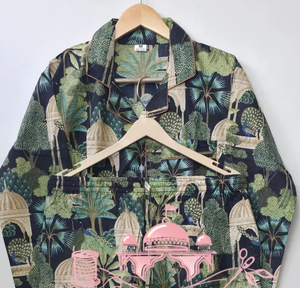 Luxurious Green Mughal Flock Print Cotton Summer Pajama Set Women Elegant Long Sleeve Shirt Trouser Quick Dry Breathable <b>PJS</b> - Product Image 1