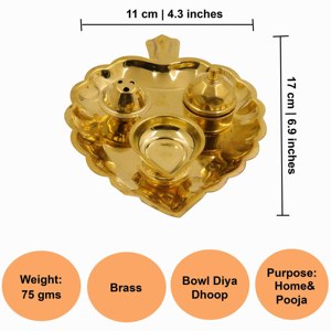 Ensemble de thali en laiton en forme de cœur pour la pooja, avec diya, support pour dhoop et porte-kumkum, pour la décoration de temple domestique - Product Image 2