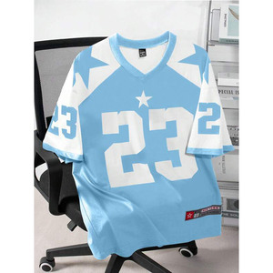 Maillot de football américain bleu clair hommes étoile impression maille respirant haut de sport été Streetwear court col en V surdimensionné - Product Image 1