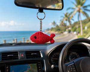 Porte-clés de voiture en crochet fait main en forme de poisson, fabriqué en Inde, en fil de coton doux, joli breloque à suspendre pour voiture, décoration intérieure, cadeau à vendre - Product Image 1