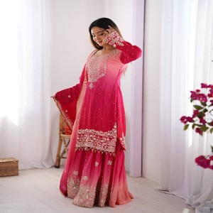 Ensemble Plazo en Soie Chinon VASTRA COTTAGE avec Paillettes Brodées, Haut et Plazo Entièrement Cousus, et Dupatta Assorti – Tenue de Soirée et de Fête - Product Image 3