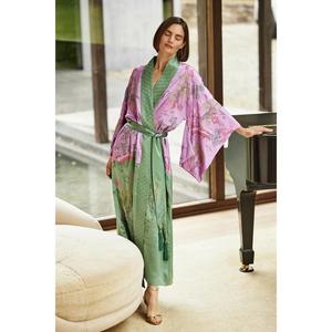 Robe Kimono Longue en Satin Rose et Vert Teint Uni Écologique pour Femme avec Ceintures, Idéale pour la Détente - Product Image 2