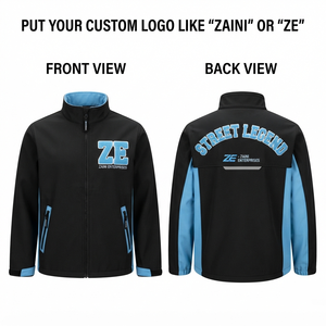 เสื้อแจ็คเก็ตซอฟต์เชลล์พรีเมียม 220 GSM สีดำ ดีไซน์แผงสีน้ำเงิน ปรับแต่งได้ พร้อมฮู้ดกันลม ระบายอากาศได้ดี เป็นมิตรกับสิ่งแวดล้อม เหมาะสำหรับกิจกรรมกลางแจ้ง - Product Image 1
