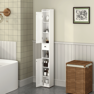 Mobile bagno moderno in MDF, alto e stretto, autoportante, con 2 ante, 67,51 pollici, bianco - Product Image 1