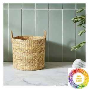 Panier de rangement rond en jacinthe d'eau avec poignées, fait main en fibres naturelles, organisateur pour étagères, armoires et placards - Product Image 5