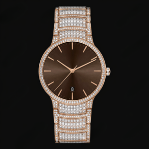 Brown Dial Rose Gold <b>Diamond</b> Iced Out Luxury <b>Watch</b> Stainless Steel Bracelet Fashion Timepiece - Product Image 1