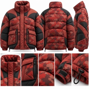 <b>Mens</b> Red Camouflage Puffer <b>Jacket</b> Quilted Winter Coat <b>Black</b> Red Camo Insulated Outdoor Fashion Full Zip Custom <b>Jacket</b> - Product Image 5