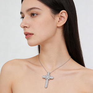CUSTOM SILVER 14K GOLD PLATED VS LAB GROWN CVD DIAMOND CLASSIC ENGAGEMENT GIFT LUXURY SWEATER <b>CHAIN</b> NECKLACE <b>CROSS</b> PENDANT - Product Image 5