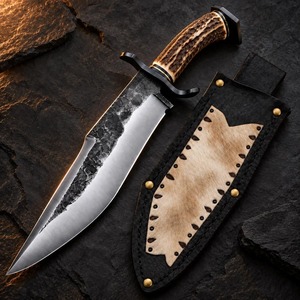 Cuchillo de Caza de Hoja Fija de Acero al Carbono Hecho a Mano con Mango de Cuerno de Ciervo, Punta Caída, Funda de Cuero Negro de 20 Pulgadas - Product Image 6