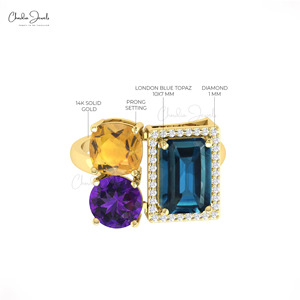 Anillo de Topacio Azul Londres, Citrino y Amatista con Corte Octogonal de 10x7mm, en Oro Sólido de 14k con Diamantes, Diseño Art Deco, Gran Venta - Product Image 6