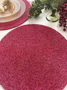 Vibrant Fuchsia Round Beaded Placemat Handmade <b>Bamboo</b> <b>Table</b> Mat Bohemian Design 450mm Diameter - Product Image 1
