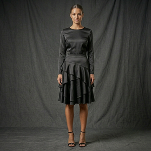 Wholesale Women's <b>Skirts</b> High Waist Asymmetrical <b>Ruffle</b> Satin <b>Skirt</b> Knee-Length Elegant Solid Black 100% Polyester - Product Image 4