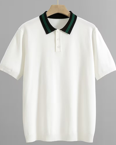 Men's Short Sleeve Solid Color Jersey Knitted Breathable Casual Regular Fit for Shirt Black/Green Collar Design - Product Image 6
