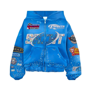 Sweat à capuche pour homme, style streetwear de course moto, 100% coton, avec patch brodé et graphique en strass - Product Image 3