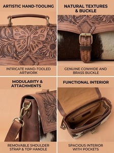 Bolso de Hombro de Cuero Genuino Duradero Hecho a Mano con Grabado Floral Estilo Western, Bandolera con Patrón de Vaca y Cierre de Botón Único - Product Image 3