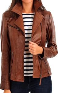 Women's Genuine Leather Motorcycle Jacket Brown Stand Collar <b>Zipper</b> Closure Full Sleeve Biker Style Autumn Wear - Product Image 3