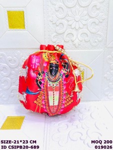 Shreenathji Printed Satin Potli <b>Bag</b> with Pearl Lace | <b>Drawstring</b> Ethnic Wedding Return Gift Pouch for Women - Product Image 3