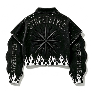 Ensemble 2 pièces unisexe personnalisé : veste en jean noire courte et jean, imprimé étoiles et flammes cloutées, style streetwear, tenues assorties, fournisseur en gros - Product Image 4