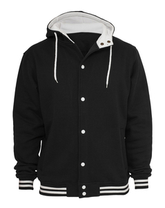 Men's Black Varsity <b>Jacket</b> With Hood <b>White</b> Trim Button Front Casual Autumn Wear - Product Image 1