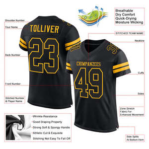Custom Splendid Apparel American Football Jersey Black Yellow <b>Mesh</b> V Neck <b>Short</b> Sleeve Polyester Team Name Number Breathable - Product Image 3