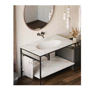 Lavabo de Baño Rectangular de Mármol para Encimera, Mueble de Madera, Diseño Moderno, Acabado Dorado, con Escurridor - Product Image 4