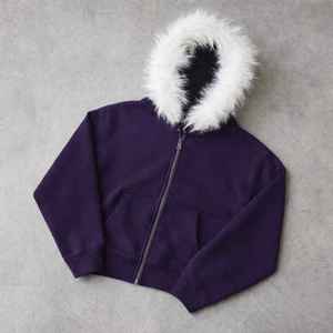 Veste en polaire à capuche vert olive avec fermeture éclair en fourrure blanche, vêtement d'extérieur décontracté d'hiver unisexe, coupe régulière - Product Image 2