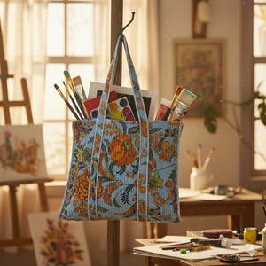 Sac fourre-tout en coton matelassé fait main, taille moyenne, fermeture éclair vintage, longue anse d'épaule, réutilisable pour le shopping et les voyages - Product Image 1