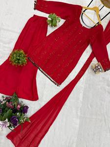 <b>Red</b> Women Indian Pakistani Suit Set Embroidered Crepe Kurta Palazzo Elegant Festive Outfit - Product Image 6