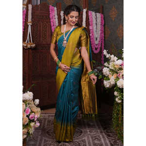 ผ้าไหมเนื้อนุ่มสีฟ้าทะเลลายทอเอลีทวีฟส์ พร้อมขอบลายดอกไม้ปักดิ้นทองสำหรับงานแต่งงาน - Product Image 5