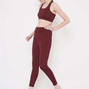 Ensemble de yoga bordeaux pour femme, legging taille mi-haute et crop top dos nageur, sans couture, respirant, deux pièces, sportswear, longueur intégrale, couleur unie sur le devant - Product Image 5