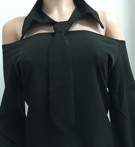 Elegante Blusa de Satén para Mujer con Hombros Descubiertos, Cuello con Lazo, Manga Larga, Color Sólido, Cuello Camisero, Ideal para Oficina - Product Image 6