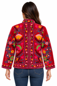 Artisanal Hand <b>Embroidered</b> Velvet Bomber <b>Jacket</b> <b>Women</b> Floral Suzani Luxury Boho Statement Coat - Product Image 5