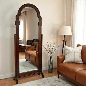 Espejo de cuerpo entero de madera oscura con borde natural, espejo de tocador de madera rústica en losa orgánica, disponible a precios de mayorista. - Product Image 4