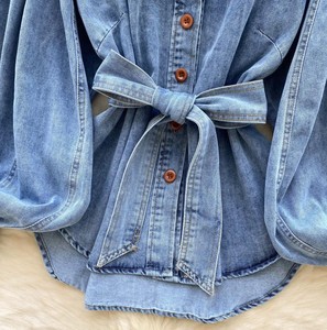 Women's Denim Shirt Mandarin Collar <b>Balloon</b> Sleeve Button Down Wrap Tie Loose Fit Casual Top Full Sleeve Solid Color All Seasons - Product Image 4