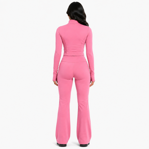Ensemble de yoga rose hiver pour femme avec logo personnalisé, veste zippée intégrale à col montant et legging évasé, tenue de sport deux pièces, fournisseur - Product Image 2