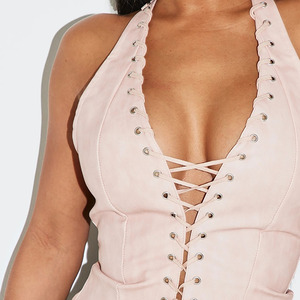 Custom Sexy & Club Women Pink PU Leather Corset Crop Top Lace-<b>Up</b> Halter Neck Body Shaper Firm Control Shapewear Women's Top - Product Image 5