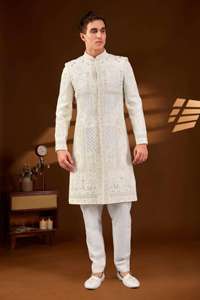 Sherwani pour homme à col mandarin, longueur genou, avec micro-paillettes argentées, tenue de luxe traditionnelle pour mariage et soirée - Product Image 2