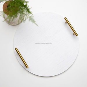 Decorative Round Wooden Serving <b>Tray</b> Farmhouse White Round <b>Tray</b> with Gold Metal Handle for Home Decor - Product Image 1