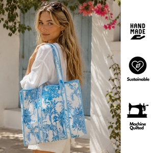 Bolsa de Mano de Algodón con Estampado Floral Hecho a Mano, con Ribete Azul a Rayas, Estilo Bohemio, Abertura Superior Abierta, para Compras y Viajes, para Usar en Todas las Estaciones - Product Image 6