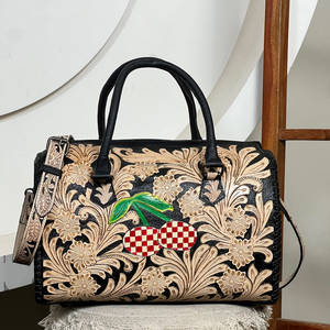 Western Floral Hand Tooled Leather Speedy <b>Bag</b> Women Trending Cherry Checkered Design <b>Overnight</b> Crossbody Shoulder Duffle <b>Bags</b> - Product Image 2